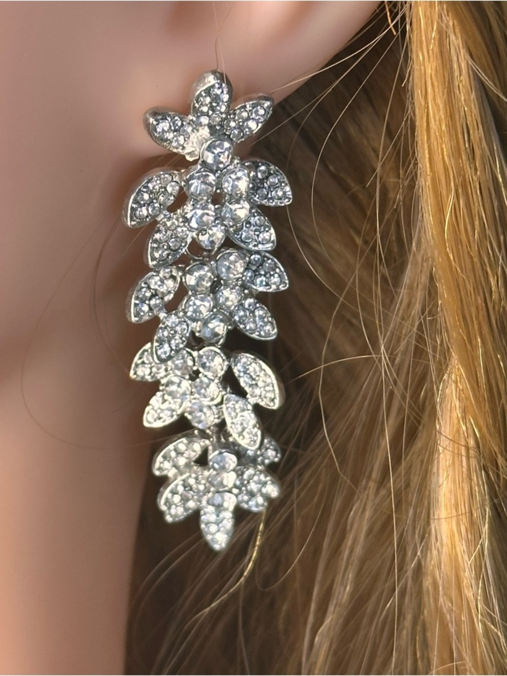 Silver-Tone Crystal Leaf Linear Drop Earrings NIP